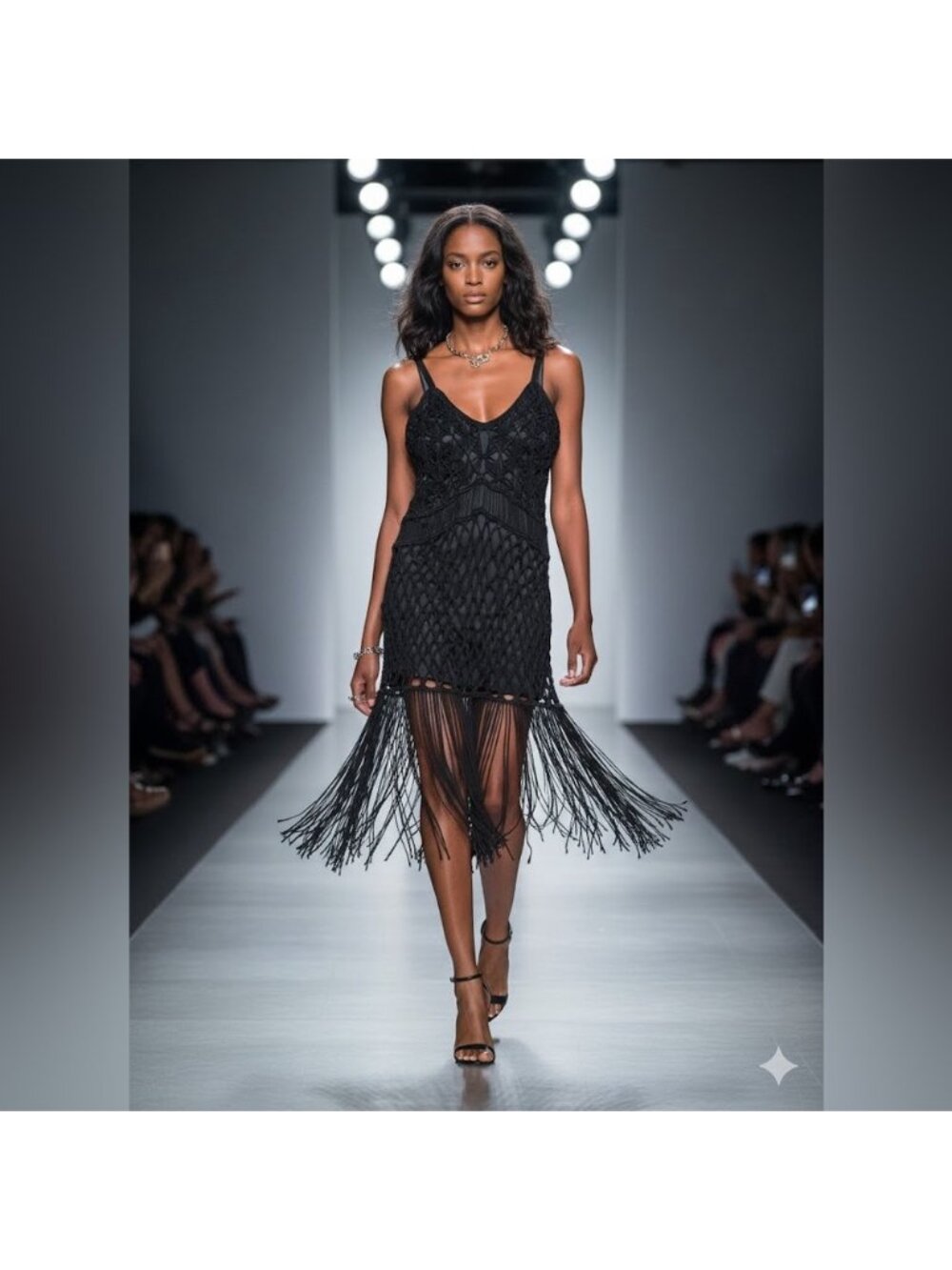 LAMARQUE valda crochet leather Elegant Black Fringe Dress XS